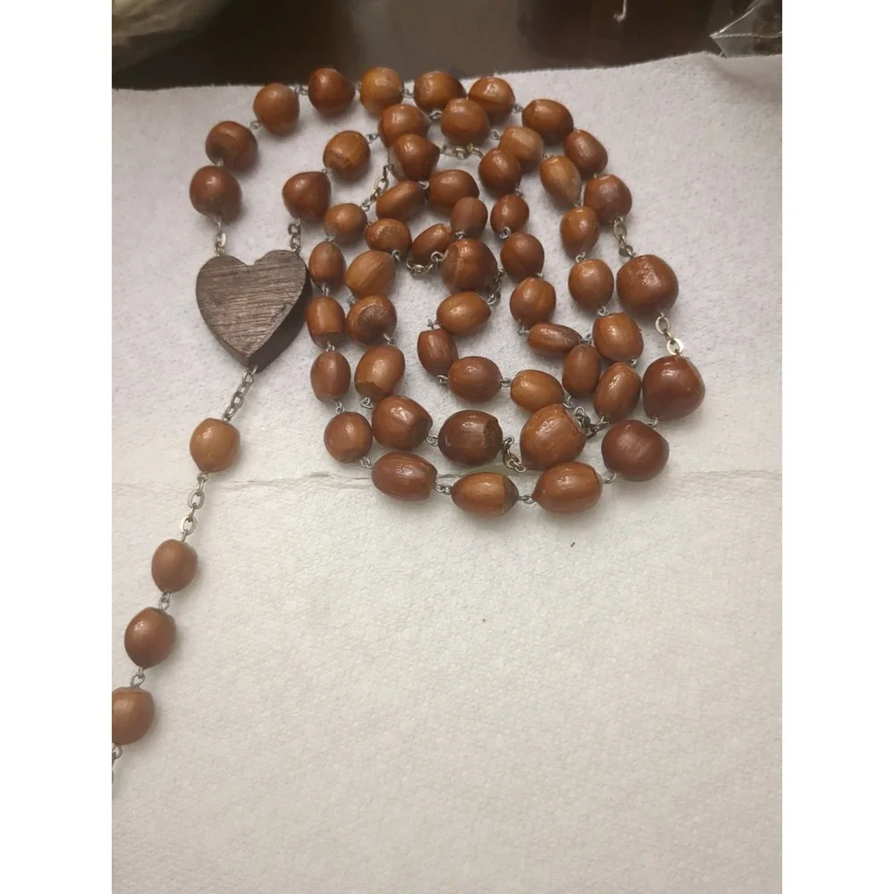 Antique Vintage Wood Rosary Resin Or Plastic Christ, Brown Beads Probably Acorns